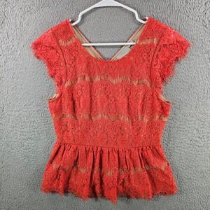 Maeve Anthropologie Red Floral Lace Peplum Top Cap Sleeve V-Neck Size Medium